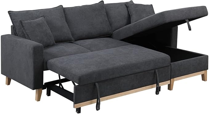 Reversible Sleeper Sectional Sofa with Storage Chaise, Convertible Woven 3 Seater Corner Couch Pull Out Bed, for Living Room Small Space, 84, Dark Gray-1 - LeafyLoom