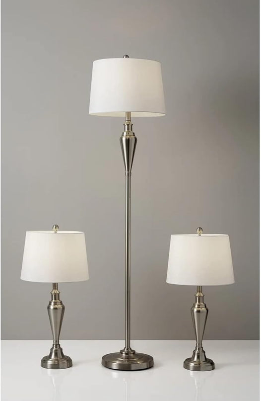 Adesso 1583-22 Glendale 3-Piece Floor Lamp Set, 59.5 in./25.5 in., 150W, Brushed Steel/White, 3 Antique Lamps - LeafyLoom