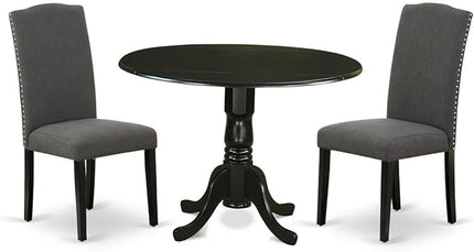 East West Furniture Dublin 3 Piece Modern Dining Set Contains a Round Wooden Table with Dropleaf and 2 Dark Gotham Linen Fabric Upholstered Chairs, 42x42 Inch, DLEN3-BLK-20 - LeafyLoom