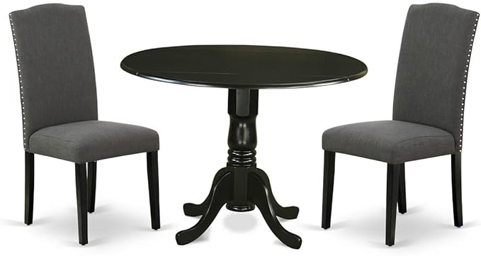 East West Furniture Dublin 3 Piece Modern Dining Set Contains a Round Wooden Table with Dropleaf and 2 Dark Gotham Linen Fabric Upholstered Chairs, 42x42 Inch, DLEN3-BLK-20 - LeafyLoom