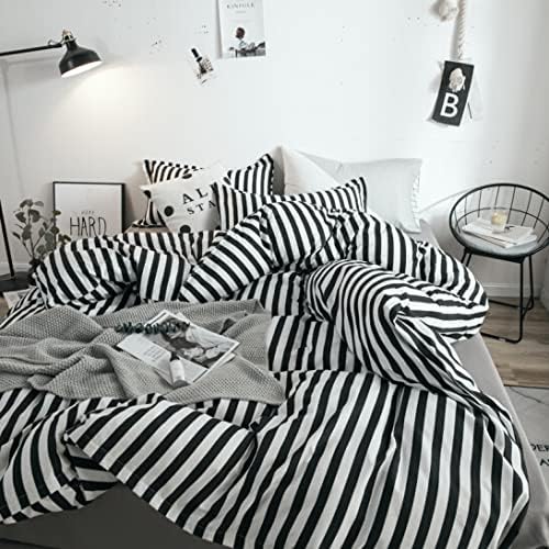 White&Black Stripes Comforter Set Full Women Bedding Set Soft Durable White Striated Bedding Set Black Stripes Ticking Quilts Hotel Quality Comforter Set Girls boy White Black Stripes Bed Set - LeafyLoom