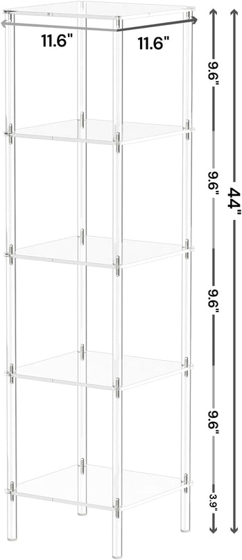 5 Tier Square Acrylic Bookshelf, Small Bookcase with Acrylic Fittings for Fixing to Wall, Corner Display Shelf for Living Room, Bedroom, Bathroom, Small Spaces, Clear, 11.6'' W x 44'' H - LeafyLoom