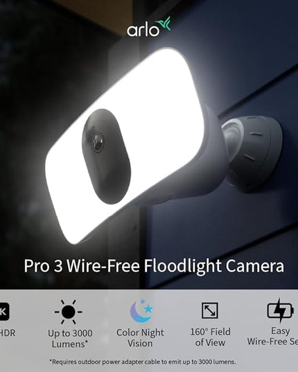 Arlo Pro 3 LED Floodlight Security Camera 2K HDR 2000-3000 Lumens | Wire-Free | Protect Driveways & Alleyways | Connects to Wi-Fi | Color Night Vision, Motion Sensor, 2-Way Audio, Rechargeable (White) Arlo