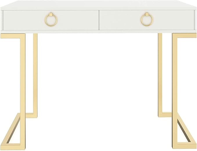 Nathan James Leighton Two-Drawer Writing Glam Accents Brass, Home Office Computer Desk or Vanity Table, 2, White/Gold, Small - LeafyLoom