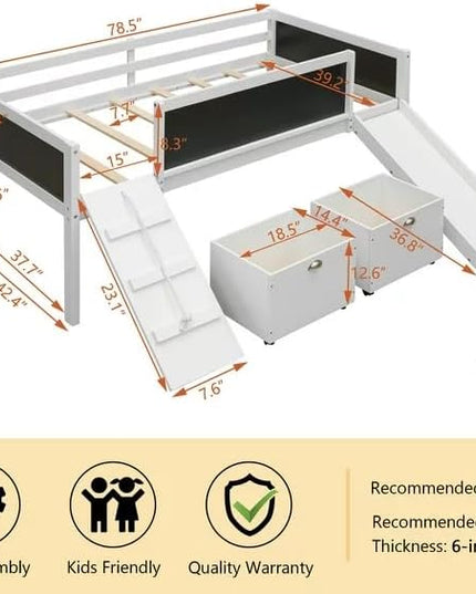 Bellemave Twin Size Wooden Low Loft Bed Frame with Two Storage Boxes,Kids Loft Bed with Slide and Climbing Frame for Boys & Girls,White - LeafyLoom