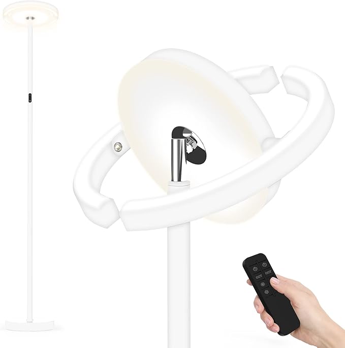 FIMEI Floor Lamp for Living Room, Saturn Ring Original Design, LED Bright Rotatable Modern Floor Lamp, Stepless Dimming and 3 Color Temperatures, Touch/Remote Control, for Bedroom Office, White - LeafyLoom