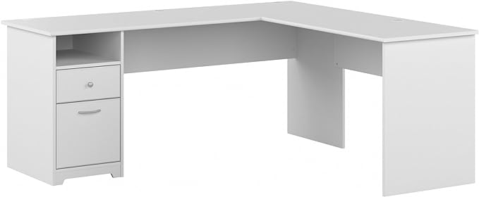 Bush Furniture L Shaped Desk with Drawers for Executive and Home Office | Cabot Collection Corner Table with Storage and Chrome Hardware Return, 72W, White - LeafyLoom