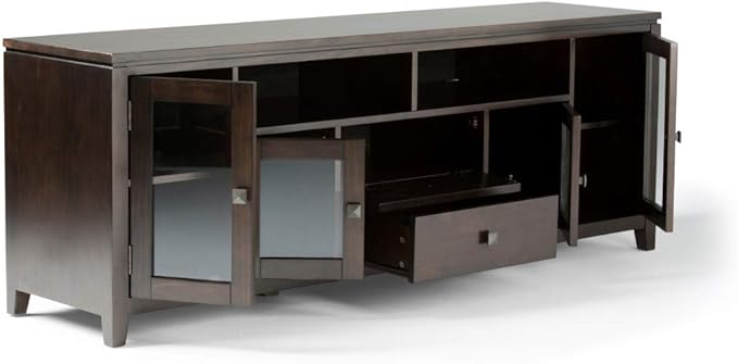 SIMPLIHOME Cosmopolitan SOLID WOOD Universal TV Media Stand, 72 inch Wide, Contemporary, Living Room Entertainment Center with Storage, for Flat Screen TVs up to 80 inches in Mahogany Brown - LeafyLoom