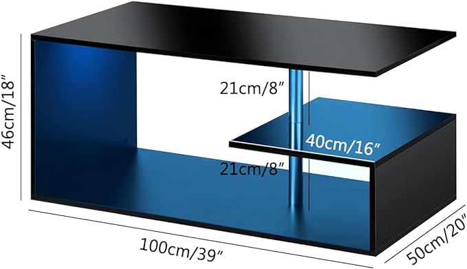 HOMMPA LED Coffee Tables for Living Room Modern Coffee Table with S-Shaped 3 Tiers Open Storage Shelf High Gloss Black Center Sofa Tea Table with LED Lights for Home Office Furniture - LeafyLoom