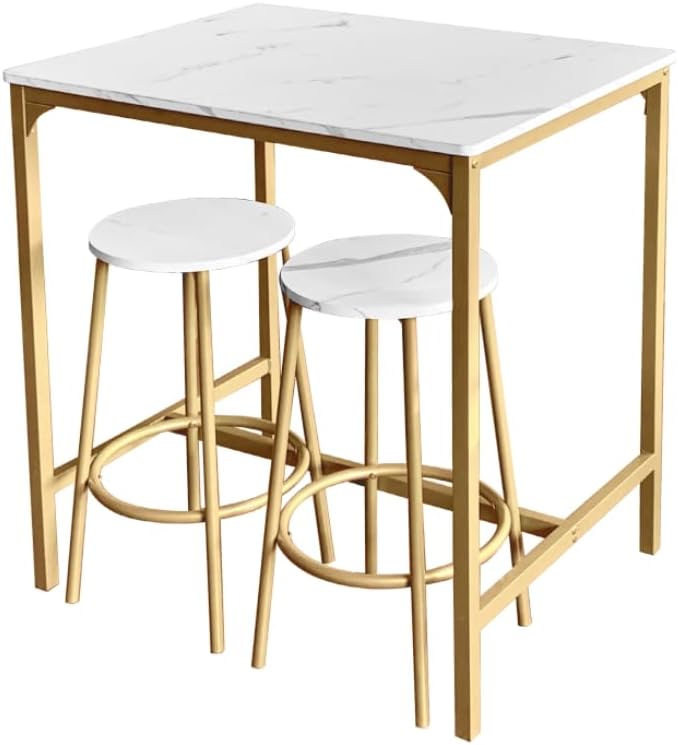 AT-VALY 3-Piece Bar Table Set with 2 Stools,Dining Room Table Set,Small Spaces (Gold) - LeafyLoom