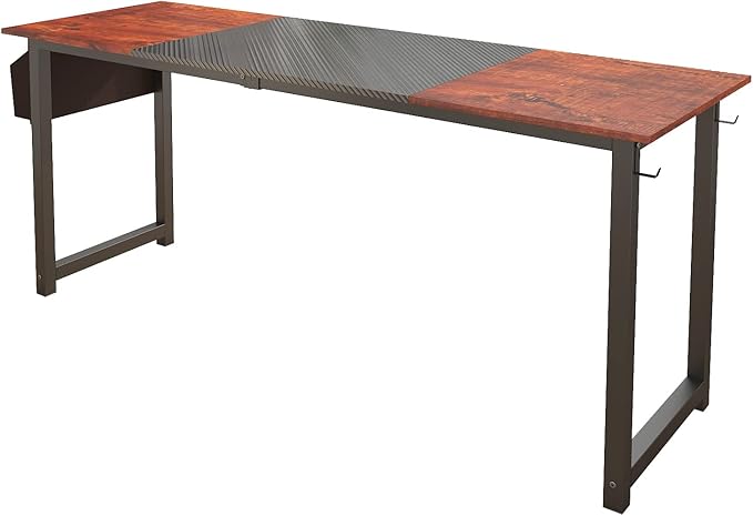 71 Inch Home Office Computer Two-Color Panel Desk with Storage Bag and Hook, Black, Sandalwood Color, Industrial Modern Laptop Desk - LeafyLoom