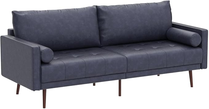 Vonanda Faux Leather Sofa Couch, Mid-Century 73 Inch 3 Seater Leather Couch with Wood Grain Metal Legs and Bolster Pillows for Living Room,Elegant Twilight Blue - LeafyLoom
