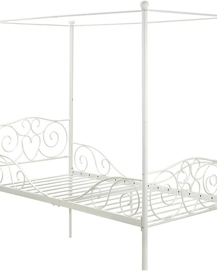 DHP Metal Canopy Kids Platform Bed with Four Poster Design, Scrollwork Headboard and Footboard, Underbed Storage Space, No Box Sring Needed, Twin, White - LeafyLoom