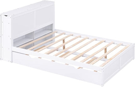 Full Size Bed Frame with Headboard and Twin Trundle, Wood Full Size Platform Bed with Pull Out Storage Shelves Headboard for Bedroom, White - LeafyLoom