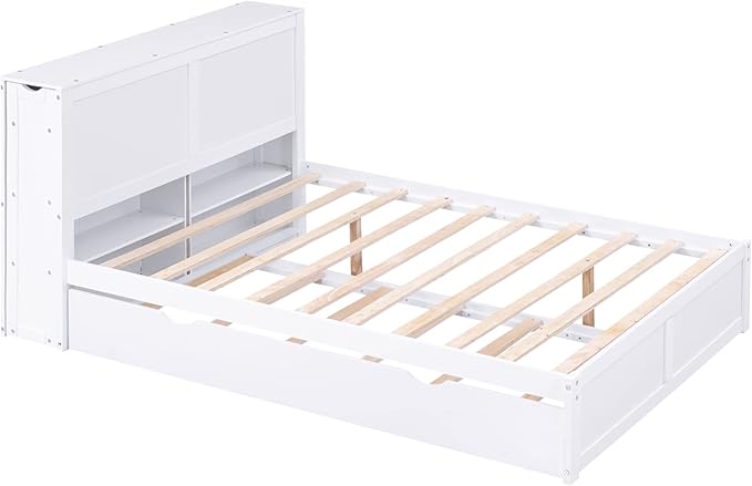 Full Size Bed Frame with Headboard and Twin Trundle, Wood Full Size Platform Bed with Pull Out Storage Shelves Headboard for Bedroom, White - LeafyLoom