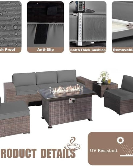Patio Furniture Sectional Sofa Set 7 Pieces PE Rattan Patio Conversation Set w/43in Gas Fire Pit Table, Outdoor Furniture with 55000 BTU Propane Fire Pit, Grey - LeafyLoom