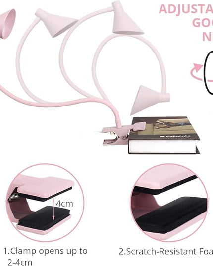 Desk Clip Reading Light, 3 Light Modes 10 Dimmable Brightness, Eye-Caring Bedroom Bedside Lamp, Flexible Neck Clamp Lamp（Pink） - LeafyLoom