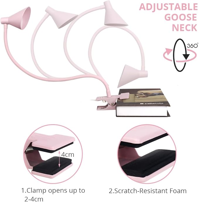 Desk Clip Reading Light, 3 Light Modes 10 Dimmable Brightness, Eye-Caring Bedroom Bedside Lamp, Flexible Neck Clamp Lamp（Pink） - LeafyLoom