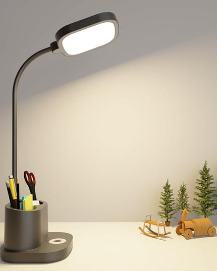 LED Desk Lamp for Home Office with USB Charging Port, Rechargeable Powered Table Lamp Battery Operated Cordless Reading Lamp, Pen Holder, 3 Way Dimmable, Bright, Tall, Flexible, Gooseneck, Black - LeafyLoom