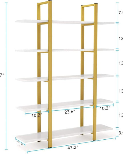 Tribesigns 5-Tier Bookshelf, Vintage Industrial Style Bookcase 70 ‘’ H x 12’’ W x 47’’L, Gold - LeafyLoom