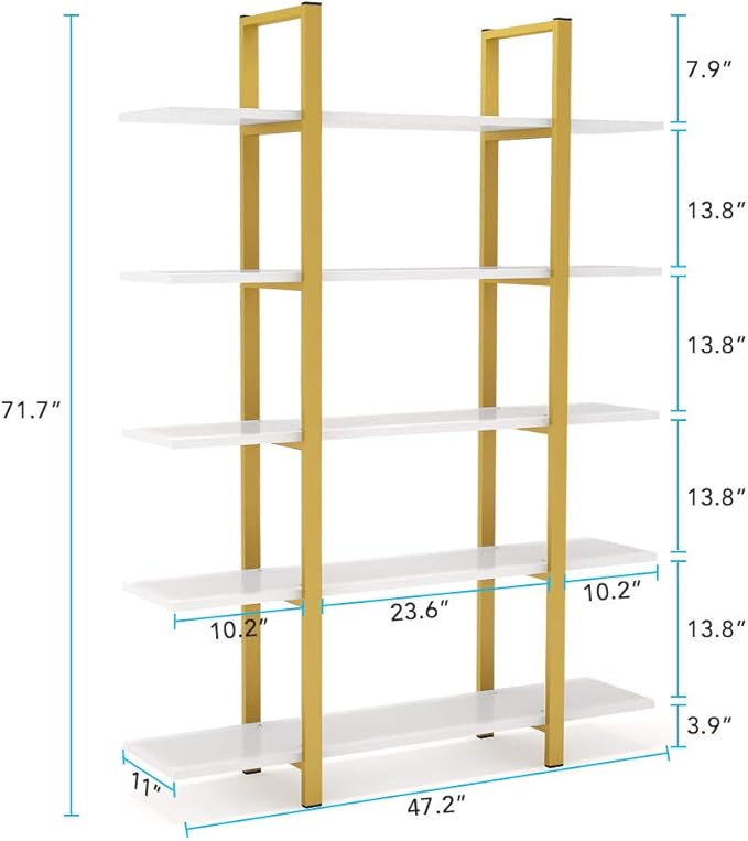 Tribesigns 5-Tier Bookshelf, Vintage Industrial Style Bookcase 70 ‘’ H x 12’’ W x 47’’L, Gold - LeafyLoom