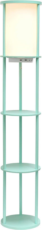 Simple Designs LF2010-AQU 62.5" Round Modern Shelf Etagere Organizer Storage Floor Lamp with 2 USB Charging Ports, 1 Charging Outlet and Linen Shade for Living Room Bedroom, Aqua, 11.5 x 11.5 x 62.5 - LeafyLoom
