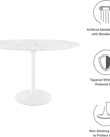 Modway Lippa 48" Oval-Shaped Mid-Century Modern Dining Table with Artificial Marble Top and White Base - LeafyLoom