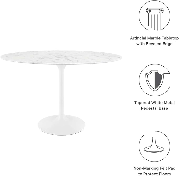 Modway Lippa 48" Oval-Shaped Mid-Century Modern Dining Table with Artificial Marble Top and White Base - LeafyLoom