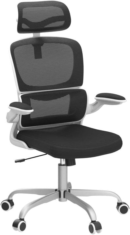 Office Desk Chair, Ergonomic High Back Mesh Office Chair with Lumbar Support and Adjustable Headrest, Swivel Computer Task Chair with Flip-up Arms, Executive Chairs for Home and Work (White) - LeafyLoom