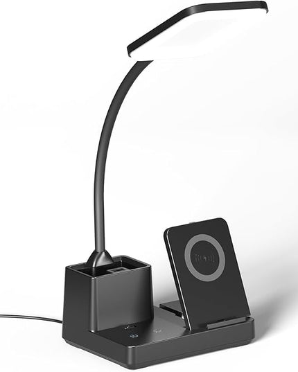 comzler LED Desk Lamp with Wireless Charger, Desk Lamps with Pen Phone Holder, Black Desk Lamp for Home Office,8W 3 Modes Dimmable Touch Lamp, Desktop Study Lamps for College Dorm Room - LeafyLoom