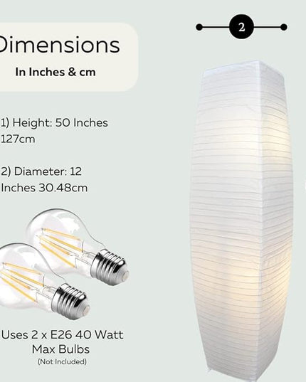LIGHTACCENTS Alumni Paper Floor Lamps 2-Pack - Japanese Inspired Standing Lights with Chrome Base and Elegant White Paper Shade, Paper Lantern Lamp with Rice Paper Lamp Shade (Set of 2) - LeafyLoom