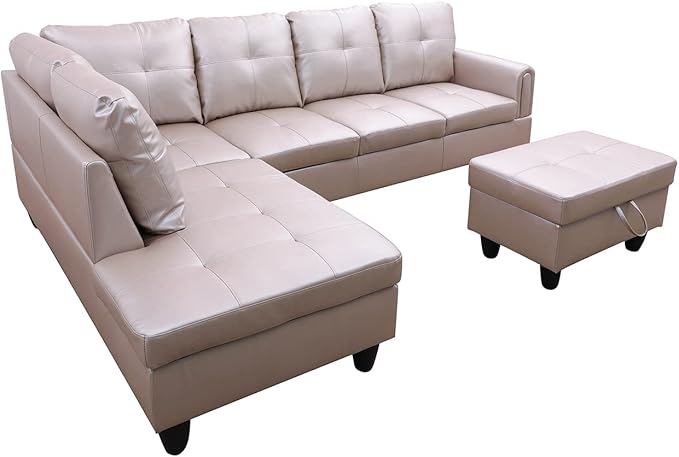 L Shaped Sofa with Ottoman Modern Sectional Living Room, Bedroom, Office, L Couch Persistent Pink - LeafyLoom