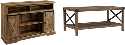 Walker Edison 52" Farmhouse TV Stand and 40" Modern Farmhouse Metal X Coffee Table, Rustic Oak - LeafyLoom
