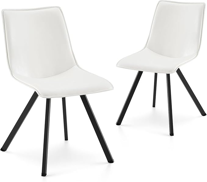 COLAMY PU Leather Dining Chairs Set of 2, High Back Modern Upholstered Dining Room Kitchen Side Chair with Metal Legs for Home/Living Room/Bedroom/Office, White - LeafyLoom