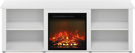 Furinno Classic 70 Inch TV Stand with Fireplace, Solid White - LeafyLoom