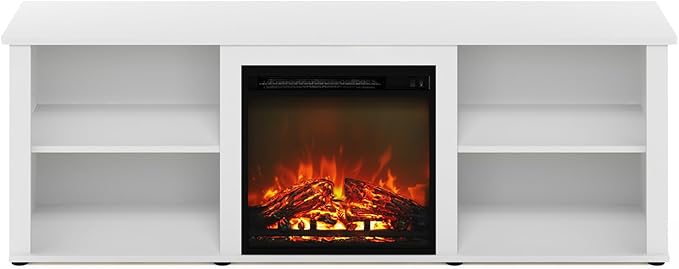 Furinno Classic 70 Inch TV Stand with Fireplace, Solid White - LeafyLoom