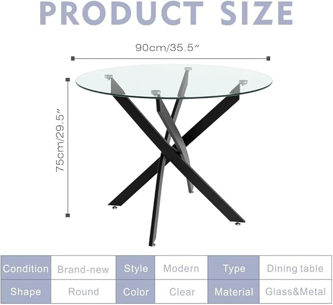 Round Tempered Glass Dining Table for 2-4 with Metal Legs, 35.5 in Modern Small Kitchen Table for Kitchen Dining Room (Black) - LeafyLoom