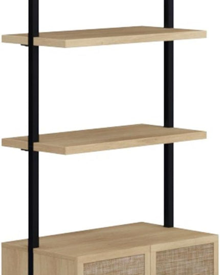 Nathan James Theo Ladder 3 tier Open Bookshelf with Rattan Drawers and Matte Steel Frame, Light Oak/Black - LeafyLoom