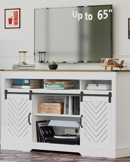 Farmhouse TV Stand with Sliding Barn Door for TVs up to 65+ Inch, 34" Tall Entertainment Center, Wood Media Console Storage Cabinet for Bedroom, Living Room, Rustic and Oak White - LeafyLoom