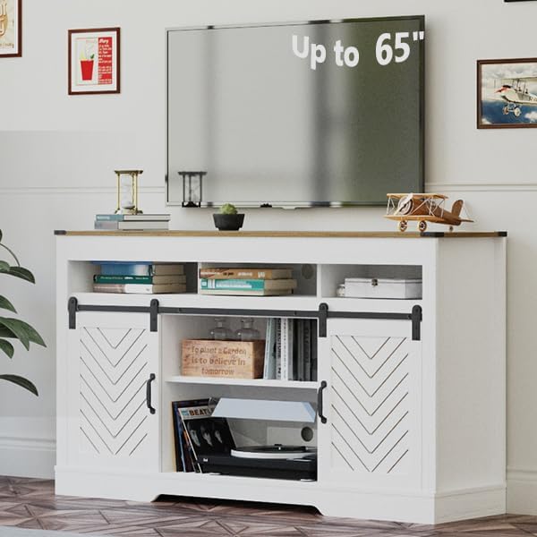 Farmhouse TV Stand with Sliding Barn Door for TVs up to 65+ Inch, 34" Tall Entertainment Center, Wood Media Console Storage Cabinet for Bedroom, Living Room, Rustic and Oak White - LeafyLoom