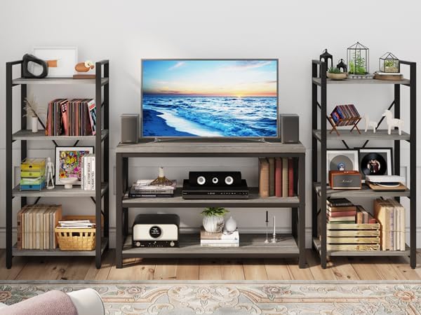 BON AUGURE Industrial 4 Tier Bookshelf, Modern Open Etagere Bookcase, Wood Metal Book Shelves for Living Room, Bedroom and Office (Dark Gray Oak) - LeafyLoom