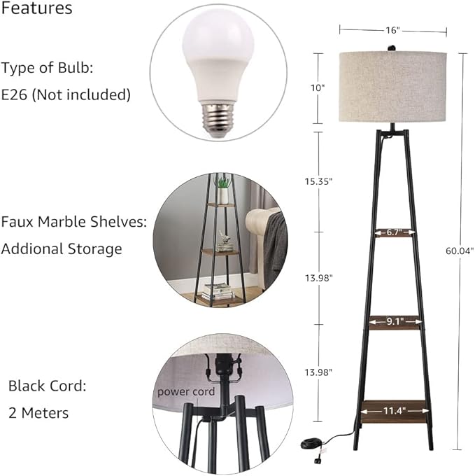 Floor Lamp, Standing Reading Light with Shelves and Fabric Shade, Modern Tall Pole Lamp, Accent Furniture Décor Lighting for Living Room, Bedrooms - LeafyLoom