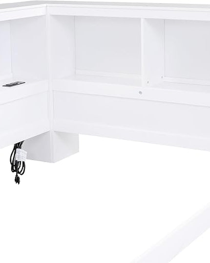 Wood Twin Size Corner Floor Bed with Storage Cabinets and USB Ports, Twin Daybed Frame with L-Shaped Bookcase Headboard for Living, Bedroom, Guest Room, White - LeafyLoom