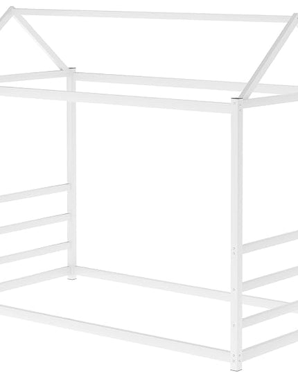 Bellemave Twin Size Montessori Floor Bed for Kids,Floor Bed with Roof, House Bed for Boys Girls,Metal House Shape Platform Bed Twin,White - LeafyLoom