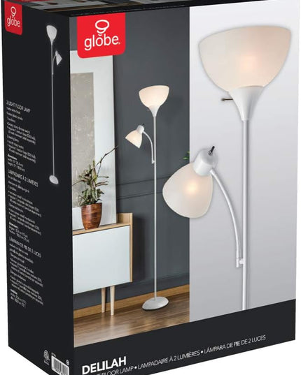 Globe Electric 67136 72" Torchiere Floor Lamp + Adjustable Reading Light, Matte White, Frosted Plastic Shade, 3-Step Rotary Switch on Socket, Living Room Décor, Reading Light, Home Essentials - LeafyLoom