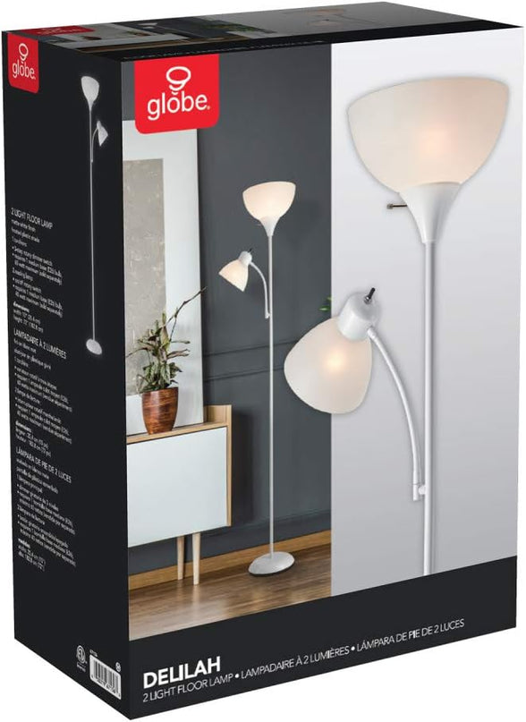Globe Electric 67136 72" Torchiere Floor Lamp + Adjustable Reading Light, Matte White, Frosted Plastic Shade, 3-Step Rotary Switch on Socket, Living Room Décor, Reading Light, Home Essentials - LeafyLoom