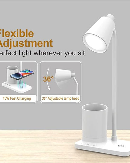 Desk Lamps for Home Office, LED Desk Lamp with Wireless Charger, 15W Fast Charging, Table Lamp with Pen Holder, 4 Brightness Levels, Eye-Caring (with AC Adapter) - LeafyLoom
