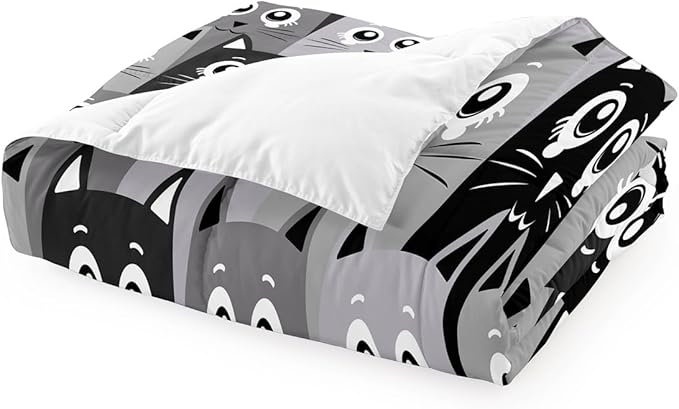 Cartoon Cat Bedding Set - 3Pcs Cute Cat Comforter Set for Bedroom Kids Boys Girls Cat Bedding Decor for All-Season Kawaii Kitten Pattern Lovely Animal 1 Cat Comforter with 2 Pillowcases, Full Size - LeafyLoom