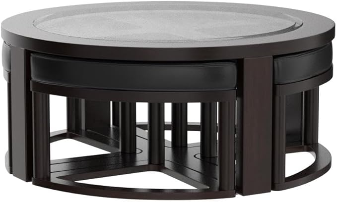 Roundhill Furniture Cylina Solid Wood Glass Top Round Coffee Table with 4 Stools, Espresso - LeafyLoom