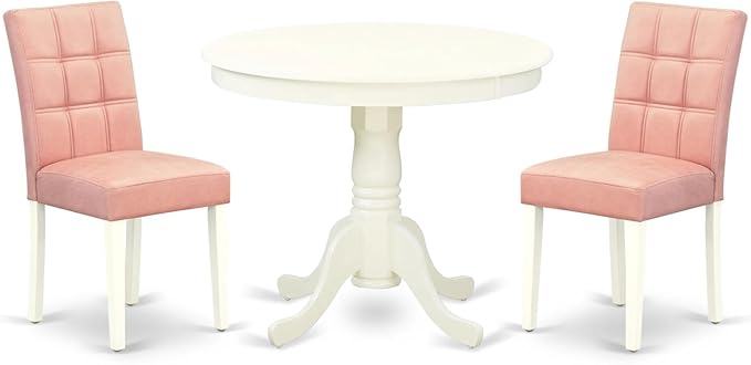 East West Furniture ANAS3-LWH-42 Antique 3 Piece Set Consists A Wood Table and 2 Beige Red Faux Leather Mid-Century Dining Chairs with Stylish Back, Linen White Finish, 36x36 Inch - LeafyLoom